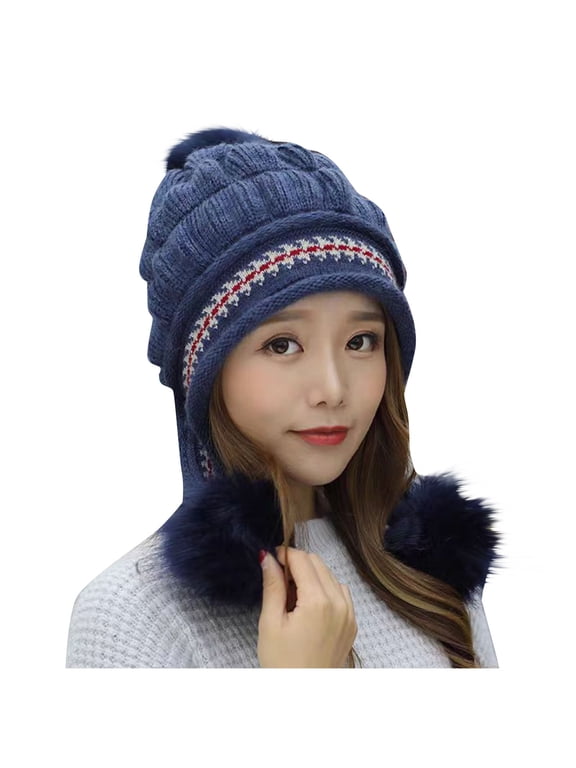 APEXFWDT Women Knit Beanies Hats Winter Peruvian Cover Ears Furry Skull Cap with 3 Pompom Fleece Lined Soft Knit Beanie Hats for Girls