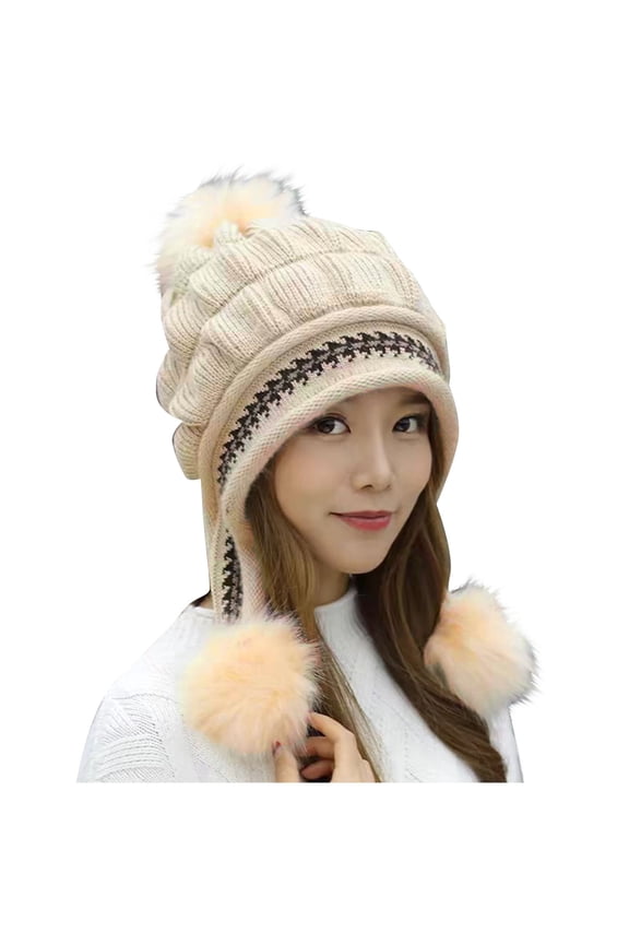 APEXFWDT Women Knit Beanies Hats Winter Peruvian Cover Ears Furry Skull Cap with 3 Pompom Fleece Lined Soft Knit Beanie Hats for Girls