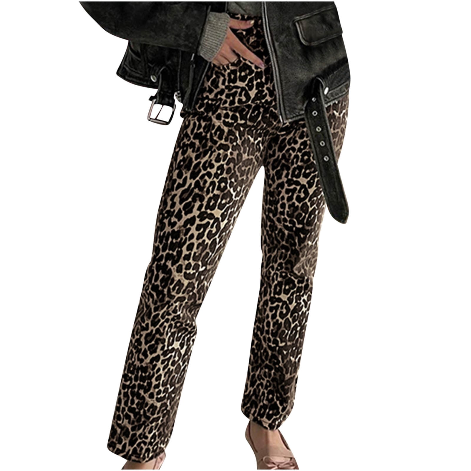 APEXFWDT Women Leopard Print Jeans Pants Casual Wide-Leg APEXFWDT Women Leopard Print Jeans Pants Casual Wide-Leg