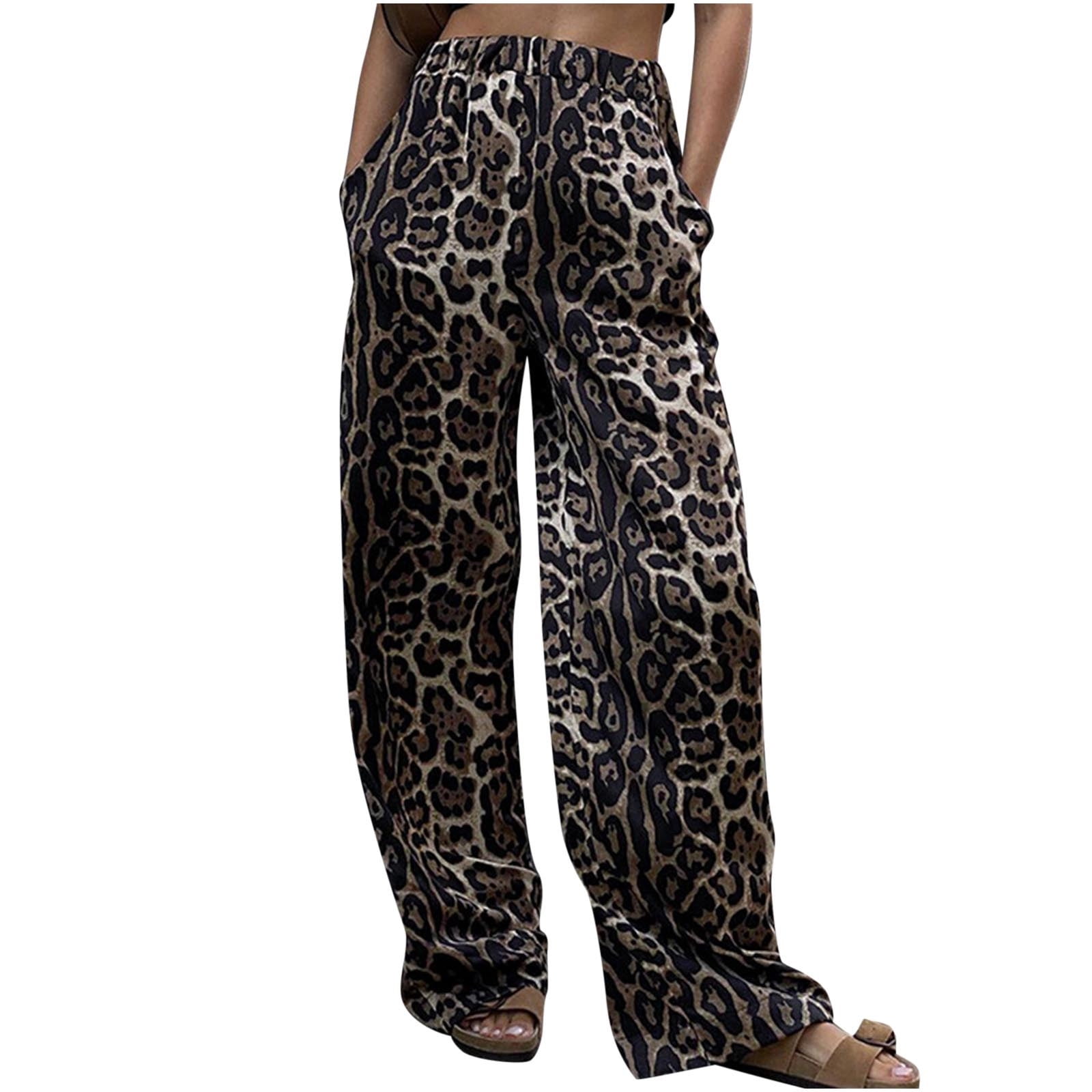 APEXFWDT Women Leopard Print Jeans Pants Casual Wide-Leg Cargo Pants ...