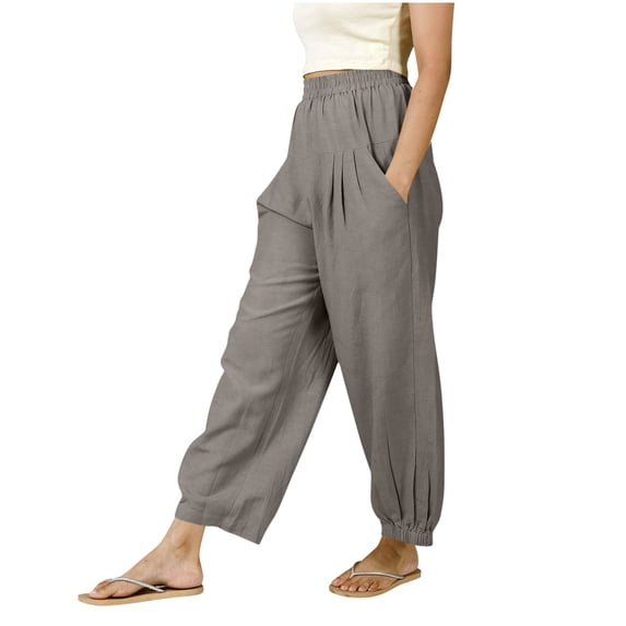 APEXFWDT Women Linen Boho Pants Loose High Waist Harem Pant Summer Casual Beach Trousers with Pockets,XXL,Gray