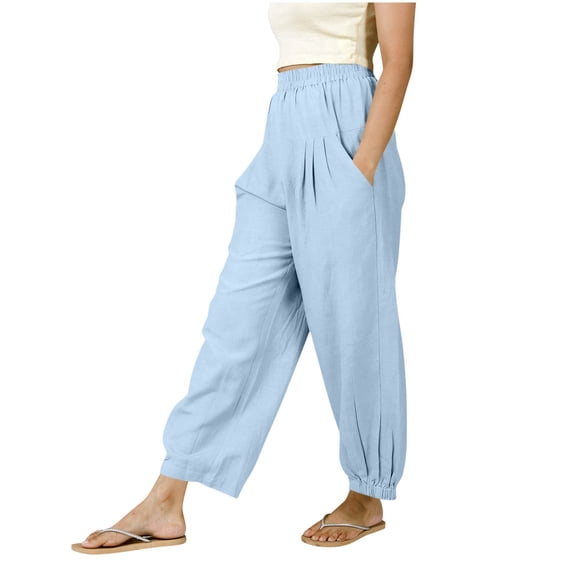 APEXFWDT Women Linen Boho Pants Loose High Waist Harem Pant Summer Casual Beach Trousers with Pockets,XXL,Light Blue