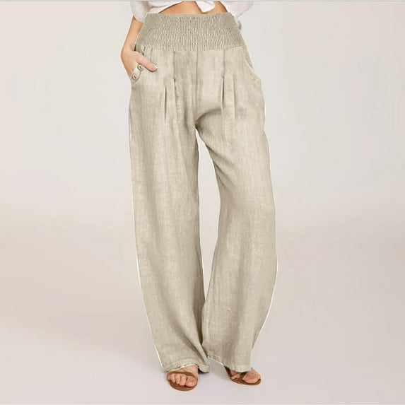 APEXFWDT Women Linen Palazzo Pants Wide Leg Drawstring Elastic Waist Casual Lounge Pant Loose Summer Boho Trousers with Pockets