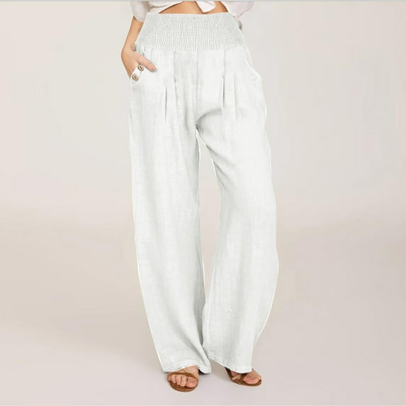 APEXFWDT Women Linen Palazzo Pants Wide Leg Drawstring Elastic Waist Casual Lounge Pant Loose Summer Boho Trousers with Pockets
