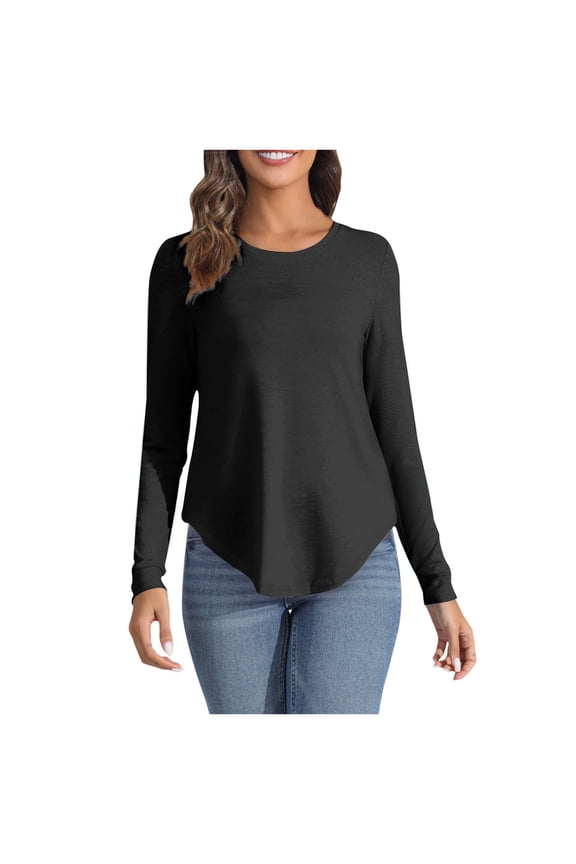APEXFWDT Women Long Sleeve Shirt Crew Neck Curved Hem Tunic Tops for Workout Yoga Womens Casual Solid Basic Athletic Tshirt