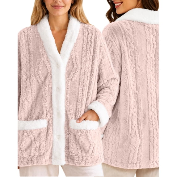 APEXFWDT Women Open Front Fleece Sleep Jacket Button Down Long Sleeve Pajama Top Cozy Fluffy Loungewear Top for Fall Winter
