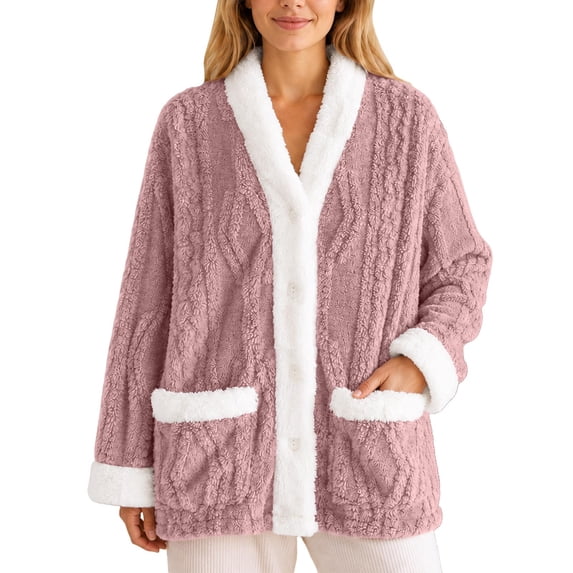 APEXFWDT Women Open Front Fleece Sleep Jacket Button Down Long Sleeve Pajama Top Cozy Fluffy Loungewear Top for Fall Winter