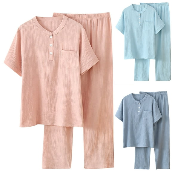 APEXFWDT Women Pajama Set Short Sleeve Henley Tops with Pants Two Piece Sleepwear Soft Comfy Solid Color Pj Set Loungewear