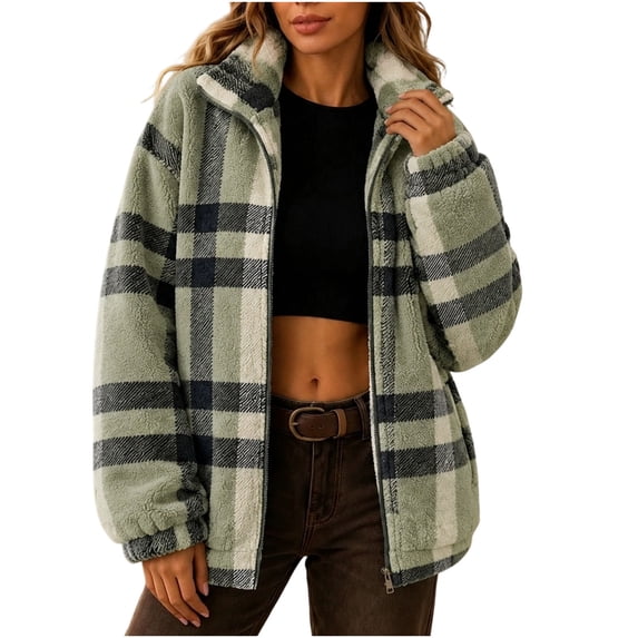 APEXFWDT Women Plaid Sherpa Fleece Jacket Zip Up Stand Collar Fuzzy Teddy Coat Loose Fit Casual Warm Outercoat