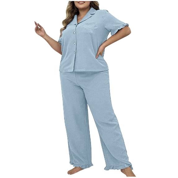 APEXFWDT Women Plus Size Ruffled Pajama Set Button Up Short Sleeve Top Long Pants Lightweight Sleepwear Loungwear XXL,Blue