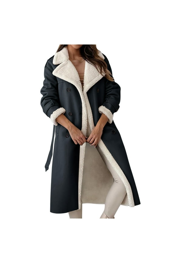 APEXFWDT Women Shearling Sheepskin Faux Leather Coat Long Winter Warm Sherpa Lined Jacket Notch Collar Button Down Trench Coat with Belt