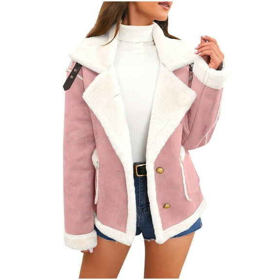 APEXFWDT Women Sherpa Lined Jacket Shearling Coat Winter Biker Moto Jacket Long Sleeve Warm Overcoat,L,Pink