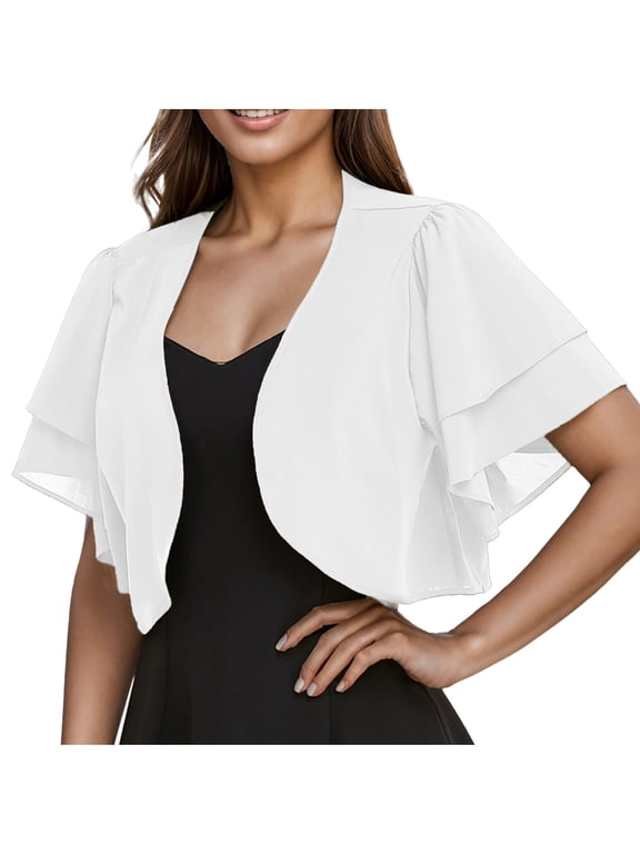 Women Short Sleeve Sheer Shrugs Open Front Mesh Bolero Cropped Cardigan Chiffon Short Cardigans,XL,White
