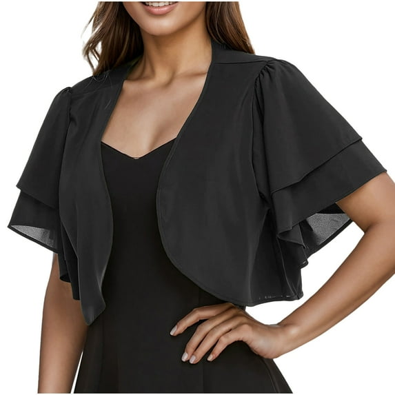 APEXFWDT Women Short Sleeve Sheer Shrugs Open Front Mesh Bolero Cropped Cardigan Chiffon Short Cardigans,XXL,Black