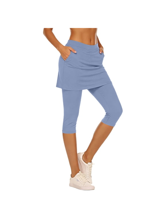 Women Skirted Leggings with Pockets Tennis Capris Yoga Leggings Workout Clothing,L,Light Blue