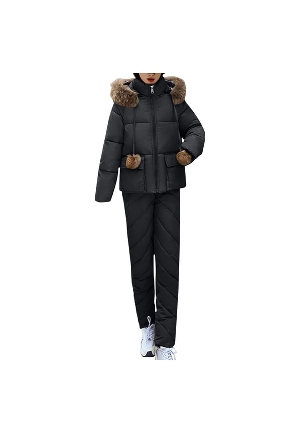 APEXFWDT Women Snow Suit 2 Piece Winter Outfits Ski Suits Hooded Quilted Jacket Pants Set Puffer Coat and Pants for Skiing Matching Set Black XXL