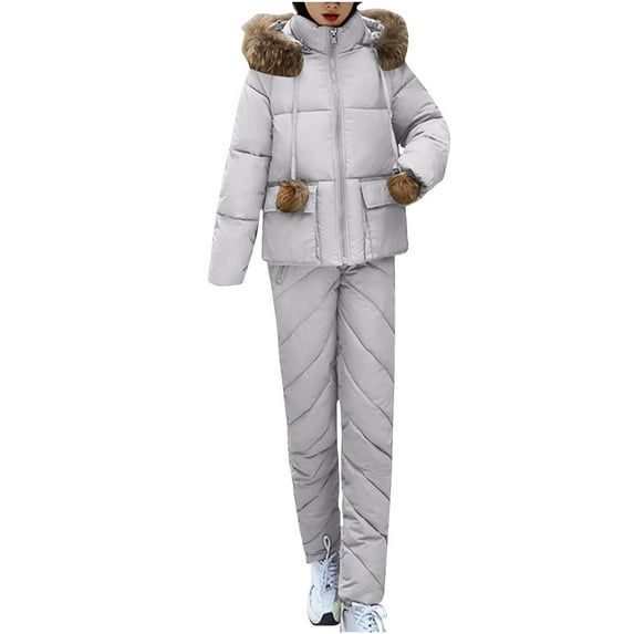 APEXFWDT Women Snow Suit 2 Piece Winter Outfits Ski Suits Hooded Quilted Jacket Pants Set Puffer Coat and Pants for Skiing Matching Set Gray XXL