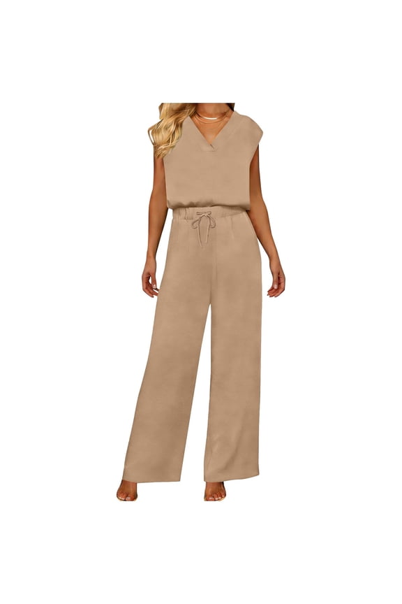 Women Wide Leg Pants Summer Outfits V Neck Vacation Trendy Loungewear Sets Matching Sets,XXL,Beige