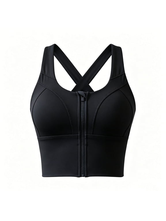 Women Wireless Sports Bras Zip Front Post-Surgery Bra Strappy Medium Support Yoga Tank Top for Workout Running