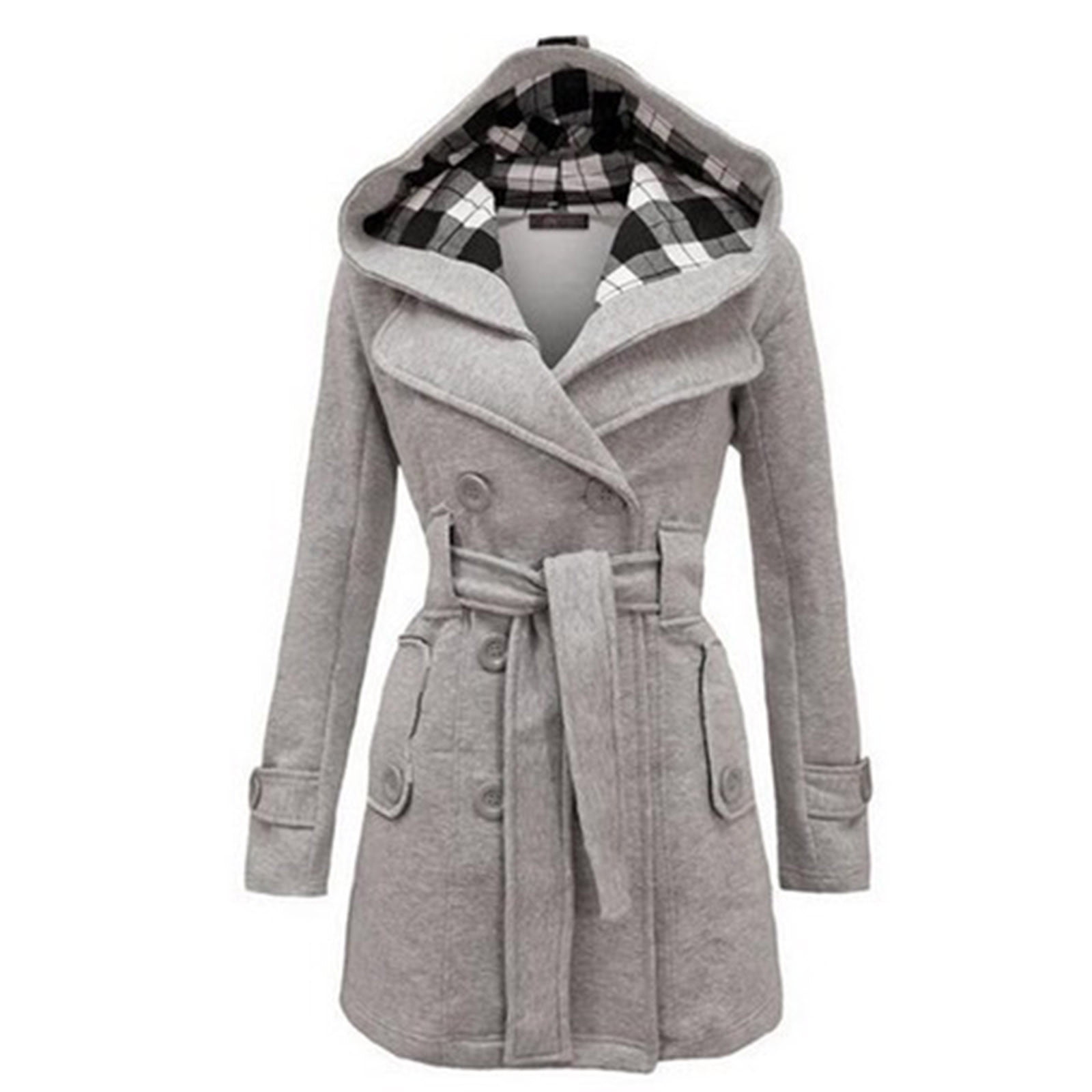 APEXFWDT Women Wool Blend Jacket Hooded Casual Belted Trench Coat Women