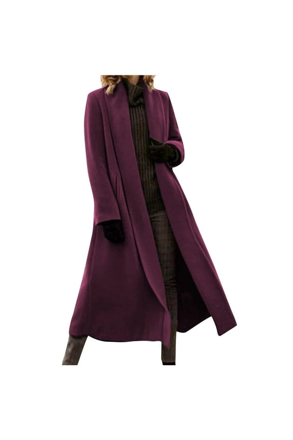APEXFWDT Women Wool Blend Pea Coat Shawl Collar Winter Cardigan Outerwear Jacket Plus Size Fashion Long Trench Jacket Elegant Overcoat