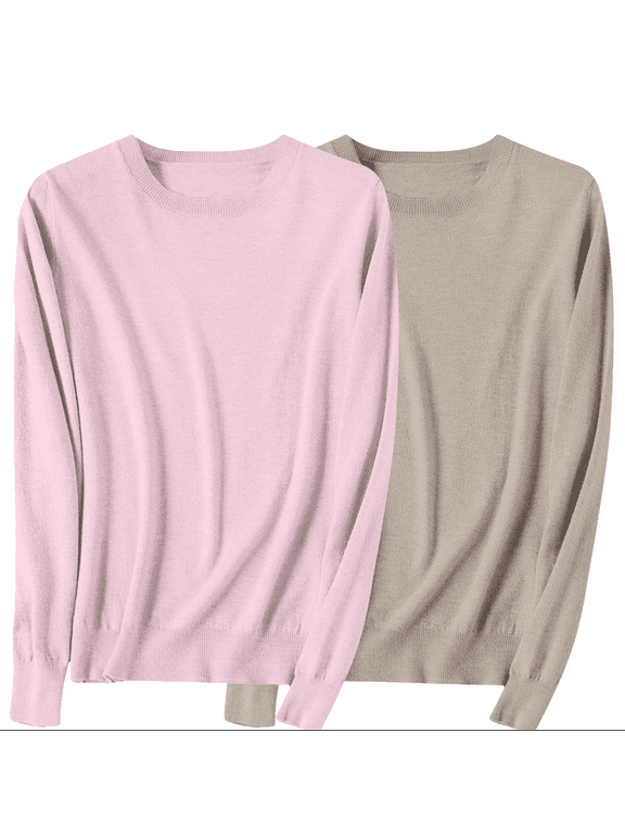 Women's 2 Pack Basic Knit Pullover, Crew Neck Long Sleeve Soft Lightweight Casual Knitted Sweater for Layering