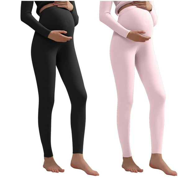 APEXFWDT Women's 2-Pack Maternity Thermal Pants Adjustable Waistband Warm Fall Winter Base Layer, Pregnancy Sleep Leggings,L,Khaki