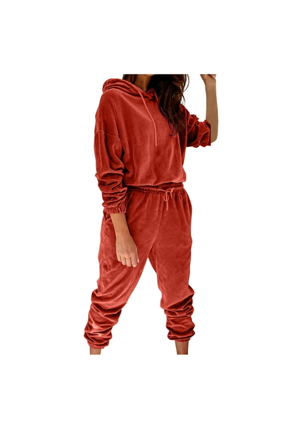 APEXFWDT Women's 2 Piece Outfits Velvet Sweatsuits Hoodie Pullover Top Casual Jogging Pants Set Velour Tracksuit Sport Wear Set