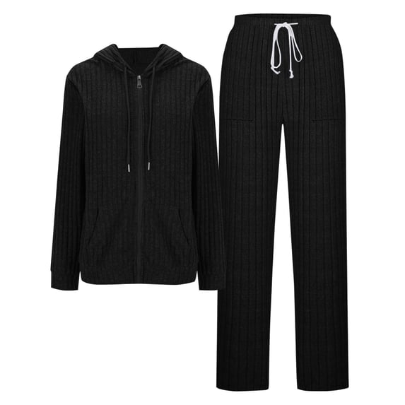APEXFWDT Women's 2-Piece Pants Set Sweatsuit Long Sleeve Zip-Up Jacket & Drawstring Pants Tracksuit Loungewear Set,L,Black