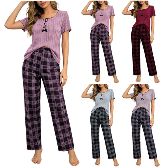 APEXFWDT Women's 2 Piece Plaid Pajama Set Short Sleeve Sleepwear Pj Set Top and Plaid Pants Sleepwear Lounge Sets