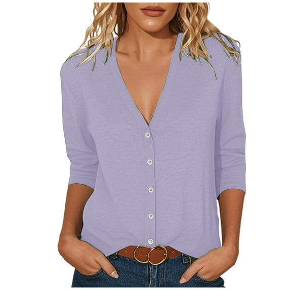 APEXFWDT Women's 3/4 Sleeve Button Cardigan - Lightweight V-Neck Cover Up for Fall Spring Layering in Solid Colors S-XXL,S,Purple