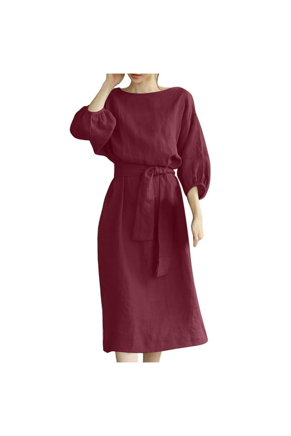 Women's 3/4 Sleeve Linen Dress with Belt Summer Casual Crewneck Long Dresses for Women Plus Size Elegant Crewneck A-line Dress for Work Office