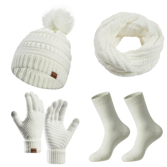 APEXFWDT Women’s 4-Piece Winter Knit Pom-Pom Beanie Hat Scarf Gloves Socks Set – Complete Thermal Bundle for Cold Weather Protection