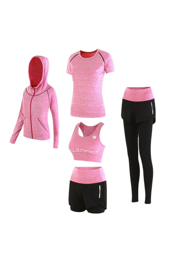 Women's 5pcs Workout Outfits Athletic Sets Yoga Gym Fitness Exercise Clothes Legging Tracksuits Sport Suits,L,Pink