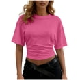 thumbnail image 1 of APEXFWDT Women's Banded Waist Ruched Crop Top Short Sleeve Slim Fit Crewneck T-Shirt,L,Hot Pink, 1 of 6