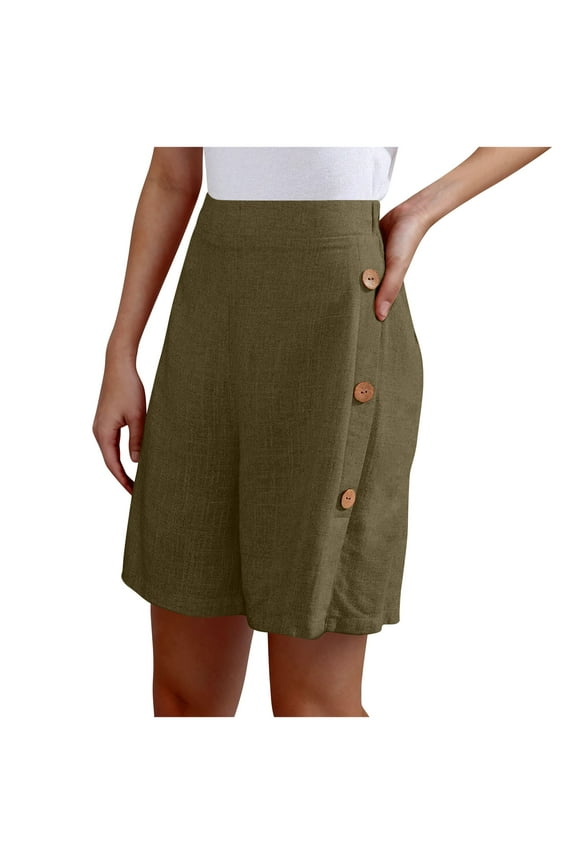 APEXFWDT Women's Bermuda Dress Shorts - Summer 3/4 Length Elastic Waist Shorts with Side Buttons Design for Resort Wear Beach Vacation Summer ,L,Army Green