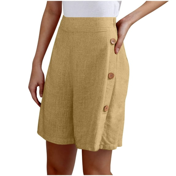 APEXFWDT Women's Bermuda Dress Shorts - Summer 3/4 Length Elastic Waist Shorts with Side Buttons Design for Resort Wear Beach Vacation Summer ,L,Beige