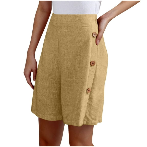 APEXFWDT Women's Bermuda Dress Shorts - Summer 3/4 Length Elastic Waist Shorts with Side Buttons Design for Resort Wear Beach Vacation Summer ,XL,Beige