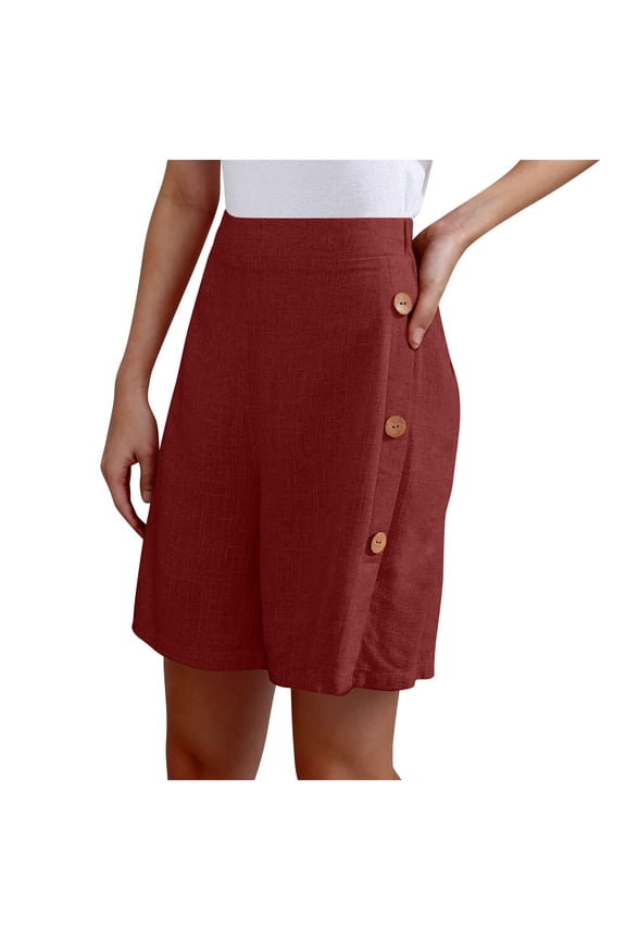 Women's Bermuda Dress Shorts - Summer 3/4 Length Elastic Waist Shorts with Side Buttons Design for Resort Wear Beach Vacation Summer ,XL,Wine