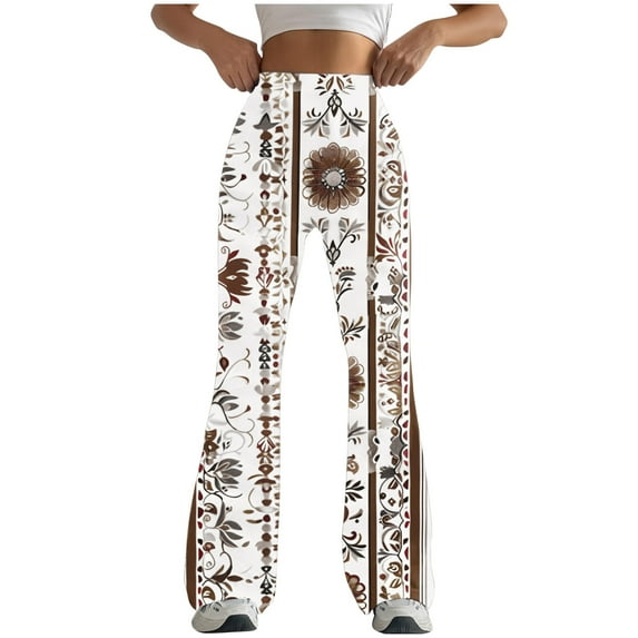 APEXFWDT Women's Boho Bell Bottom Flare Pants High Waisted Casual Stretchy Leggings Print Yoga Workout Long Pants