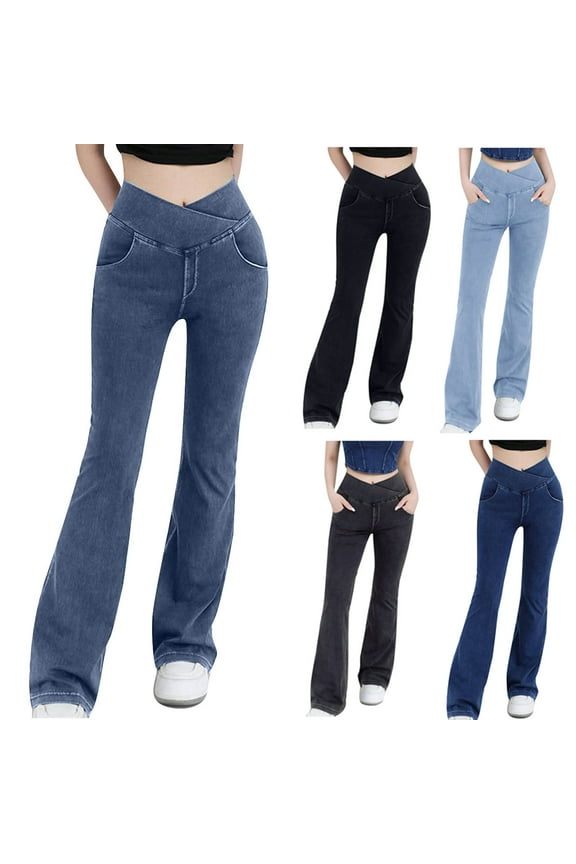 APEXFWDT Women's Bootcut Leggings - Bootleg Yoga Pants Tummy Control Crossover High Waisted Casual Flare Jeans for Women Bell Bottom Jeans