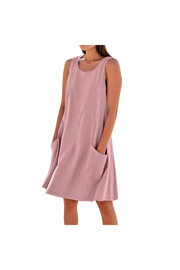Women's Breezy Linen Dress Pocket Relaxed Fit Shift Dress Sleeveless Loose Summer Dresses for Weekend XXL,Wine