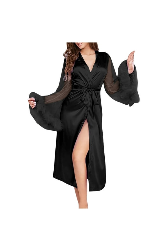 Women's Bride Bridesmaids Robe Feather Long Sleeve Long Satin Kimono Robes for Wedding and Bridal Party Loungewear