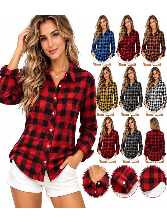 Women's Buffalo Plaid Button Down Shirt, Long Sleeve Collared Checkered Casual Blouse Top