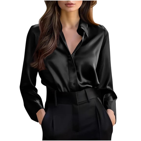 APEXFWDT Women's Button Down Satin Dress Shirt Long Sleeve Casual Formal Blouse Solid Color Collared Work Shirt,XXL,Black