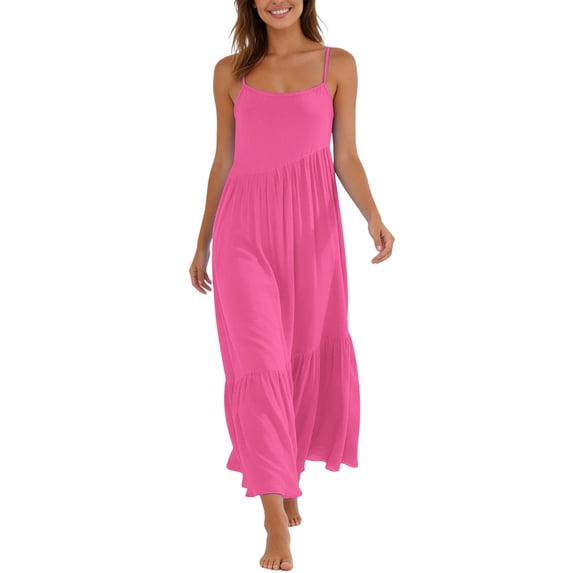 APEXFWDT Women's Cami Maxi Dress Cotton Linen Loose Pleated Dresses Flowy Beach Long Dress Sun Dress for Vacation,XL,Hot Pink