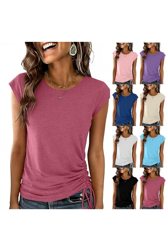 Women's Cap Sleeve Top Side Drawstring Crew Neck Solid Basic Casual Shirt,L,Beige