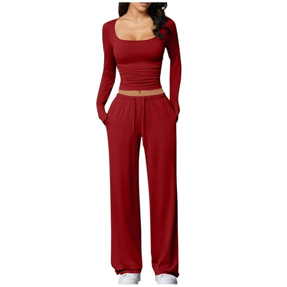 APEXFWDT Women's Casual Activewear Set - Long Sleeve Square Neck Fitted Top & Drawstring Wide-Leg Pants Loungewear Outfit,S,Red