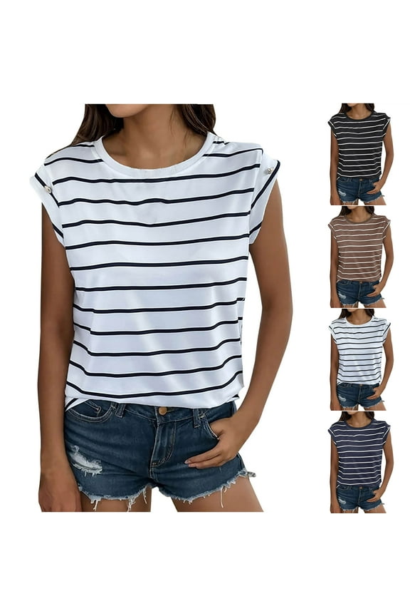 APEXFWDT Women's Casual Cap Sleeve T Shirts Striped Print Basic Summer Tops Loose Fit Round Neck Tee Shirts