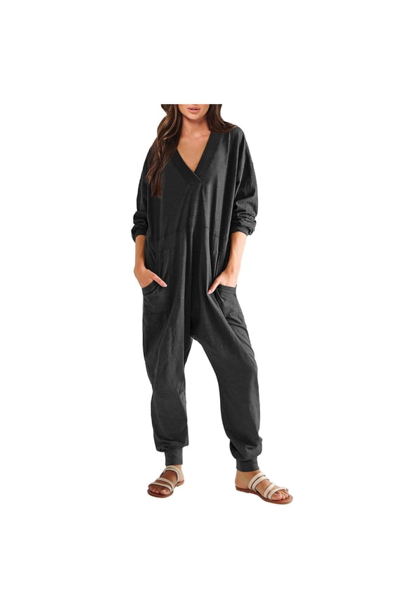 APEXFWDT Women's Casual Loose Jumpsuits Long Sleeve V Neck Oversized Rompers Baggy Overalls Lounge Pajamas Onesie Jumper Romper with Pockets